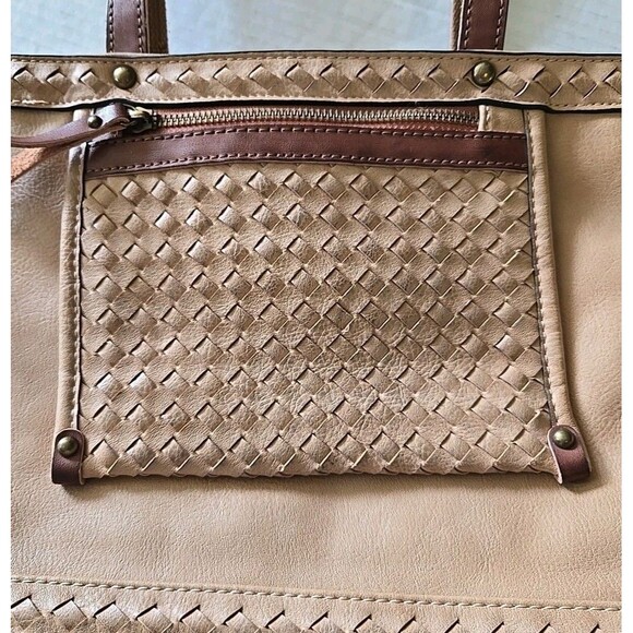 Mona B  Shoulder Bag Vegan Leather Purse Tan Basketweave Zip Pockets 10" x 9" - Picture 8 of 10